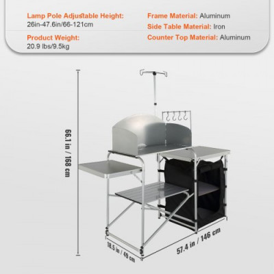 Mesa de cocina para camping, plegable para exteriores con Bolsa de transporte, estación de cocina de aluminio, 1 Armario y Parabrisas Desmontable