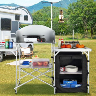 Mesa de cocina para camping, plegable para exteriores con Bolsa de transporte, estación de cocina de aluminio, 1 Armario y Parabrisas Desmontable