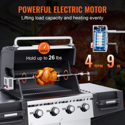 Kit de Asador Eléctrico Carga de 12 kg Asador con Motor de 9 W Velocidad de 4 rpm Kit de Asador Automático al Aire Libre de Acero Inoxidable Rotación Automática Kit Asador para Pollo Pato Pavo