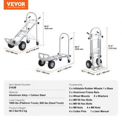 Carretilla de mano de aluminio VEVOR, carrito plegable 4 en 1, capacidad de 1000 libras, resistente