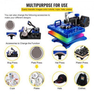 Prensa de Transferencia de Calor 38 x 30 cm Temperatura de 200 °C Máquina de Sublimación de Calor 5 en 1 50 Hz Prensa Térmica