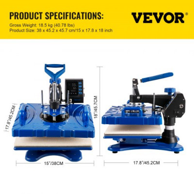 Prensa de Transferencia de Calor 38 x 30 cm Temperatura de 200 °C Máquina de Sublimación de Calor 5 en 1 50 Hz Prensa Térmica