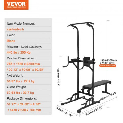 VEVOR Silla Romana con Banco Barra de Dominadas de Pie Ajustable en Altura de 10 Niveles 200 Kg Equipo de Entrenamiento de Fuerza Multifunción con Coderas en el Respaldo, Estación de Inmersión Fitness