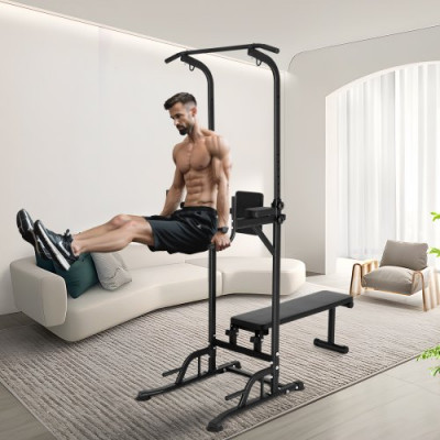 VEVOR Silla Romana con Banco Barra de Dominadas de Pie Ajustable en Altura de 10 Niveles 200 Kg Equipo de Entrenamiento de Fuerza Multifunción con Coderas en el Respaldo, Estación de Inmersión Fitness