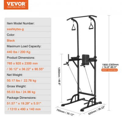 VEVOR Silla Romana, Barra de Dominadas de Pie Ajustable en Altura de 10 Niveles 200 Kg Equipo de Entrenamiento de Fuerza Multifunción con Respaldo Ajustable y Coderas, Estación de Inmersiones Fitness