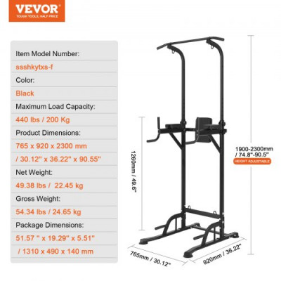 VEVOR Silla Romana, Barra de Dominadas de Pie Ajustable en Altura de 10 Niveles 200 Kg, Equipo de Entrenamiento de Fuerza Multifunción con Respaldo y Coderas, Estación de Inmersión Fitness, Gimnasio