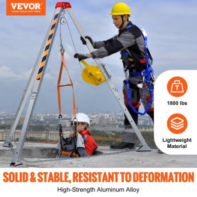 VEVOR Kit de trípode para espacios confinados, trípode de rescate de 1800 lbs, patas de 1,34 a 2,15 m, cable de 30 m, protección contra caídas de 32,8', arnés, bolsa de almacenamiento