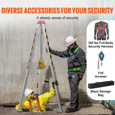 VEVOR Kit de trípode para espacios confinados, trípode de rescate de 1800 lbs, patas de 1,34 a 2,15 m, cable de 30 m, protección contra caídas de 32,8', arnés, bolsa de almacenamiento