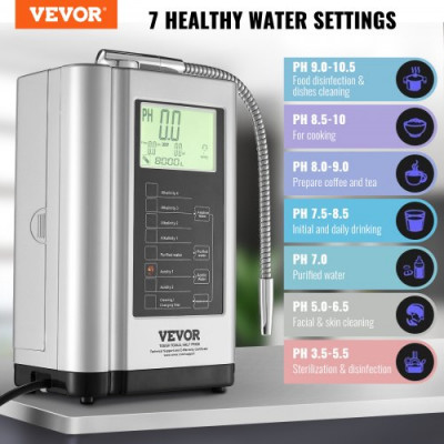 VEVOR Ionizador de Agua PH 3.5-10.5 Purificador de Agua de Ácido Alcalino ORP +500 a -650 mV Electrodo Electrolizador 5 Placas 7 Configuraciones de Agua 8000 L Sistema de Filtración Autolimpiante