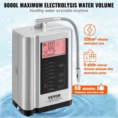 VEVOR Ionizador de Agua PH 3.5-10.5 Purificador de Agua de Ácido Alcalino ORP +500 a -650 mV Electrodo Electrolizador 5 Placas 7 Configuraciones de Agua 8000 L Sistema de Filtración Autolimpiante