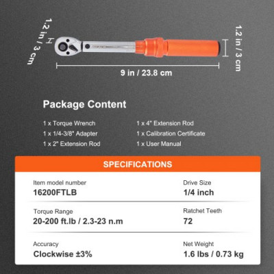 Llave Dinamométrica 1/4" Llave Dinamométrica Mecánica 2,3-23 N.m Precisión ±3% Llave de Carraca Ajustable 72 Dientes Contrafuerte con Adaptadores y Extensión 127 mm Kit Mantenimiento Coche Moto