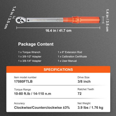 Llave Dinamométrica 3/8" Llave Dinamométrica Mecánica 14-110 Nm Precisión ±3% Llave de Carraca Ajustable 72 Dientes Contrafuerte con 2 Adaptadores y Extensión 152,4 mm Kit Mantenimiento de Coche