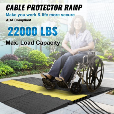 VEVOR Rampa de Protección de Cable 5 Canales Pasacables de Suelo de Goma 114,5x80x5cm Retardador de Velocidad Carga 10000kg con Tapa Superior Abatible para Carreteras, Estacionamientos, Negro/Amarillo