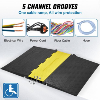 VEVOR Rampa de Protección de Cable 5 Canales Pasacables de Suelo de Goma 114,5x80x5cm Retardador de Velocidad Carga 10000kg con Tapa Superior Abatible para Carreteras, Estacionamientos, Negro/Amarillo