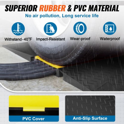 VEVOR Rampa de Protección de Cable 5 Canales Pasacables de Suelo de Goma 114,5x80x5cm Retardador de Velocidad Carga 10000kg con Tapa Superior Abatible para Carreteras, Estacionamientos, Negro/Amarillo