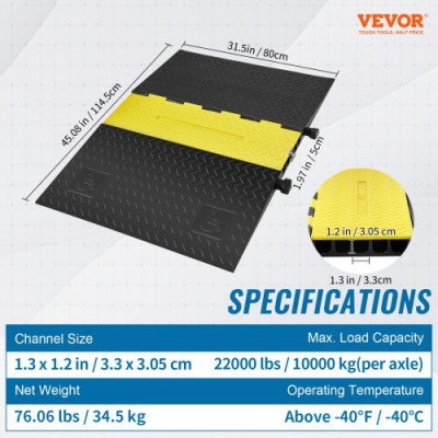 VEVOR Rampa de Protección de Cable 5 Canales Pasacables de Suelo de Goma 114,5x80x5cm Retardador de Velocidad Carga 10000kg con Tapa Superior Abatible para Carreteras, Estacionamientos, Negro/Amarillo