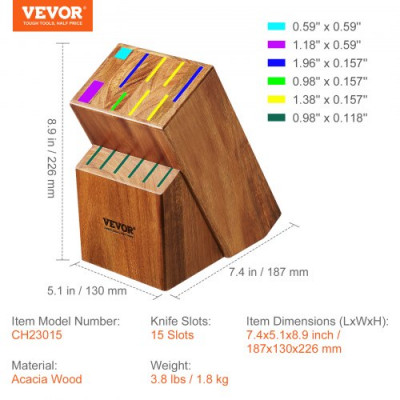 VEVOR Bloque de Cuchillos Universal vacío, 15 Ranuras, Estante para Cuchillos de Madera de Acacia, Soporte para Cuchillos para Almacenamiento Fácil de Varios Cuchillos, Restaurante sin Cuchillos