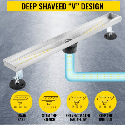 Desagüe Lineal para Ducha, 91,4 x 7 cm Acero Inoxidable Superficie Lisa Desagüe Lineal, 30 L/min Diámetro de Salida 50,8 cm Rejillas de Drenaje Invisible para Cocina, Baño, Garaje, Sótano, Aseo