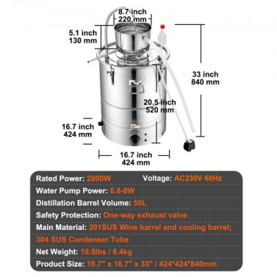 Destilar Alcohol Destilador de de Agua 50 L Alambique de 2800 W Destilador de Acero Inoxidable con Bomba de Agua Juego Completo para Vinos