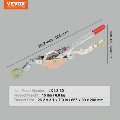 VEVOR Cabrestante de trinquete manual de tracción fuerte 3/4T Capacidad de carga 0.75T Cuerda 30.48m