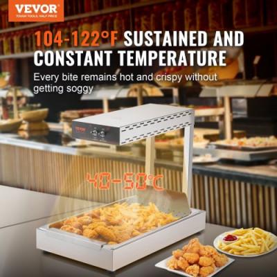 VEVOR Calentador de Bandeja de Patatas Fritas de Acero Inoxidable 20 L Lámpara de Calentador de Alimentos con Tira Comercial 750 W Estación Dispensadora de Luz de Calor Eléctrica 40-50 °C para Buffet