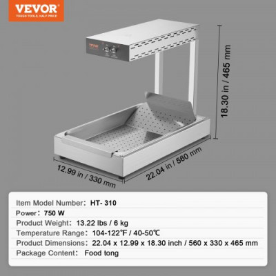 VEVOR Calentador de Bandeja de Patatas Fritas de Acero Inoxidable 20 L Lámpara de Calentador de Alimentos con Tira Comercial 750 W Estación Dispensadora de Luz de Calor Eléctrica 40-50 °C para Buffet