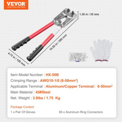 VEVOR Alicates para Prensar 6/10/16/25/35/50 mm² Herramienta para Prensar Clavijas de Cable Aluminio Cobre AWG10-1/0 con 6 Tamaños de Prensado 60 Conectores Anillo de Aluminio Guantes de Electricista