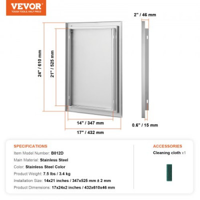 VEVOR Puerta de Acceso a Barbacoa, Puerta de Cocina Exterior Simple de 432x610 mm, Puerta Empotrada de Acero Inoxidable, con Manija Empotrada, para Isla de Barbacoa, Estación de Parrilla, Armario Exte