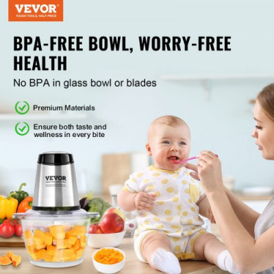 VEVOR Picadora Eléctrica Multifuncional Picadora de Carne 400 W Con Bol de Vidrio 1,2 L 5 Tazas Hoja de Acero Inoxidable Con 4 Aletas 2 Velocidades Para Frutas Verduras Carne Comida Para Bebés