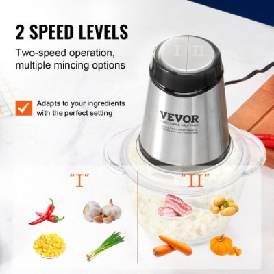 VEVOR Picadora Eléctrica Multifuncional Picadora de Carne 400 W Con Bol de Vidrio 1,2 L 5 Tazas Hoja de Acero Inoxidable Con 4 Aletas 2 Velocidades Para Frutas Verduras Carne Comida Para Bebés