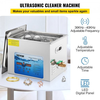 Limpiador Ultrasónico Digital 15 L, Máquina de Limpieza de Joyas 360 W, Acero Inoxidable SUS 304 Limpiador Ultrasónico Profesional 36 KHz ~ 40 KHz con 6 Transductores Avanzados para Industria