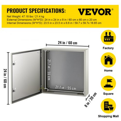 VEVOR Caja de Distribución Eléctrica 60x60x20 cm Caja Eléctrica IP66 Caja de Distribución Eléctrica de Acero al Carbono Cubierta para Contador Eléctrico Impermeable de Exterior para Montaje en Pared