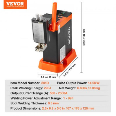 VEVOR Soldador por puntos de batería, condensador de 14,5 KW, soldador por puntos de batería 801D, pluma de soldadura 73B, 2 modos de soldadura para níquel puro de 0,1-0,3 mm