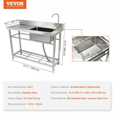 VEVOR Fregadero utilitario de acero inoxidable, fregadero pequeño independiente de 1 compartimento con grifo y patas para banco de trabajo, fregaderos comerciales de un solo tazón de 47,2