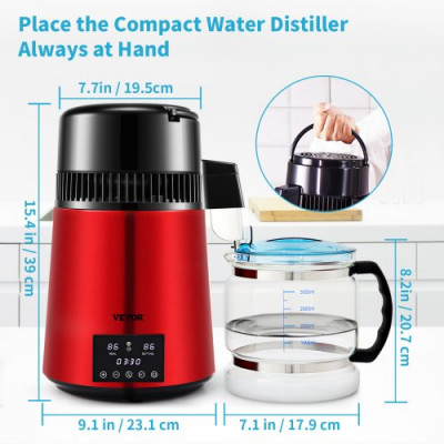 Destilador de Agua 4 L Filtro de Destilación de Agua con Recipiente de Vidrio 750 W 1 L/H Ajuste de Velocidad, Destilación Filtro Purificador 7,9 lbs de Acero Inoxidable Temperatura Doble, Rojo