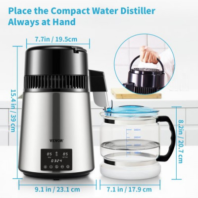 Destilador de agua 4L Filtro de destino de agua con recipiente de vidrio 750 W 1 L/H Ajuste de velocidad Destilación Filtro purificador de aire