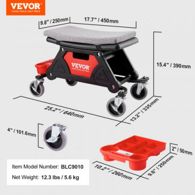 VEVOR Taburete de Taller Móvil 64×33,5×39 cm Carga 136 kg Taburete de Mecánico con 2 Ruedas Asiento con Cerradura 450×250 mm con Bandejas de Herramientas para Mantenimiento Reparación de Coches Garaje