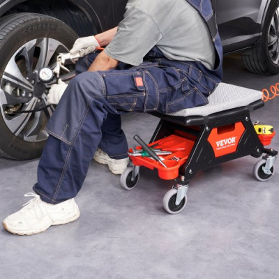 VEVOR Taburete de Taller Móvil 64×33,5×39 cm Carga 136 kg Taburete de Mecánico con 2 Ruedas Asiento con Cerradura 450×250 mm con Bandejas de Herramientas para Mantenimiento Reparación de Coches Garaje