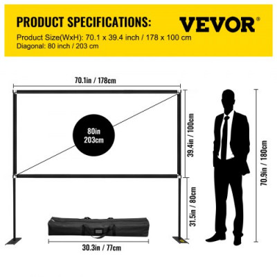 Pantalla Proyector, Diagonal 80 " Pantalla de Proyector con Soporte 71 x 45 " HD 16:9 Pantalla de Proyección Móvil ángulo 160 Grados Pantalla Home Cinema de Tela Oxford para Casa Oficina Patios