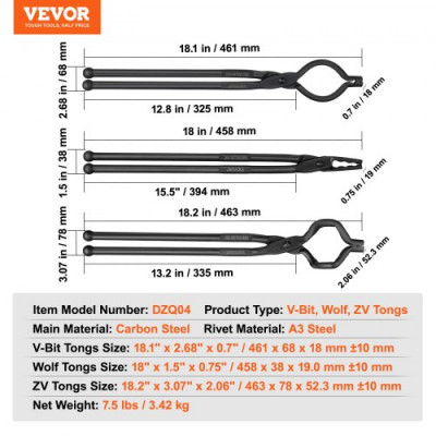 VEVOR Pinzas de herrería Pinzas de herrería 3 PCS 46cm V Boca de lobo ZV Herrero