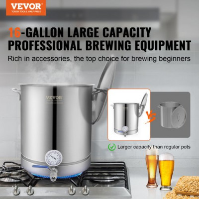 VEVOR Fermentador de Cerveza Tanque de Fermentación de Cerveza de Acero Inoxidable 60,6 L Base de Olla de 3 Capas Kit de Preparación Profesional con Termómetro Válvula de Bola Asas de Tapa Cervecería