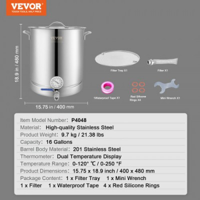 VEVOR Fermentador de Cerveza Tanque de Fermentación de Cerveza de Acero Inoxidable 60,6 L Base de Olla de 3 Capas Kit de Preparación Profesional con Termómetro Válvula de Bola Asas de Tapa Cervecería