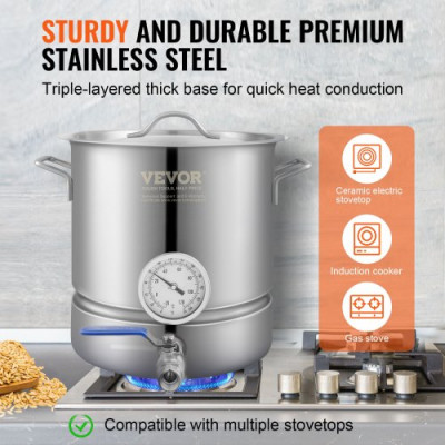 VEVOR Fermentador de Cerveza Tanque de Fermentación de Cerveza de Acero Inoxidable de 19 L Kit de Elaboración de Base de Olla de 3 Capas con Termómetro Válvula de Bola Mango de Tapa Filtración Doble