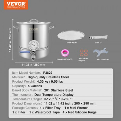 VEVOR Fermentador de Cerveza Tanque de Fermentación de Cerveza de Acero Inoxidable de 19 L Kit de Elaboración de Base de Olla de 3 Capas con Termómetro Válvula de Bola Mango de Tapa Filtración Doble