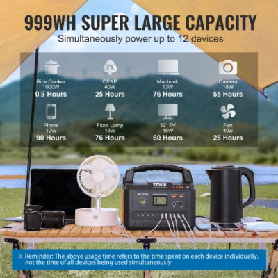 VEVOR Generador Eléctrico Portátil 1000 W Estación de Energía Solar Batería de 999 Wh 12 Puertos de Carga para Teléfonos Inteligentes PC Cámaras Ventiladores Dispositivos CPAP Televisores para Camping