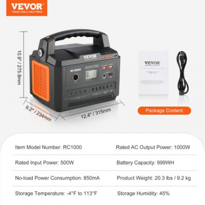 VEVOR Generador Eléctrico Portátil 1000 W Estación de Energía Solar Batería de 999 Wh 12 Puertos de Carga para Teléfonos Inteligentes PC Cámaras Ventiladores Dispositivos CPAP Televisores para Camping