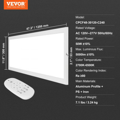 VEVOR Luz de Techo Plafón LED con Control Remoto 1200x300x53 mm Panel de Luz LED 5000 lm 50 W Regulable Temperatura de Color Ajustable 2700 K-6500 K para Hogar Oficina Escuela Comedor Tienda