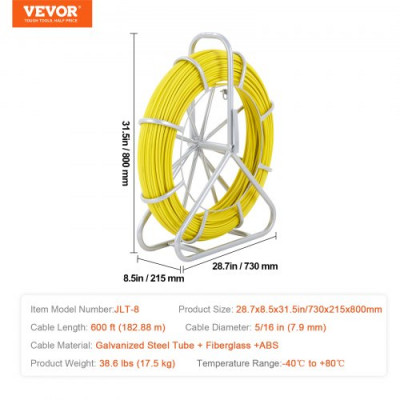 VEVOR Cinta para pescar de fibra de vidrio, 600 pies, 5/16 pulgadas, extractor de alambre para cinta de pescar, varilla para correr cables con soporte de carrete de acero, 3 cabezales de tracción