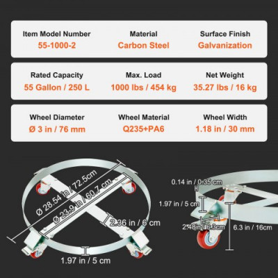 VEVOR Portabidones 250 L 2 PCS Carro Portabidones Capacidad de Carga de 454 kg Plataforma Rodante Base de Acero Herramienta Rodante 4 Ruedas Giratorias para Manipulación de Bidones Almacenes Fábricas