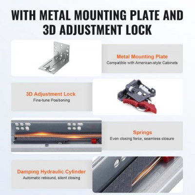 VEVOR Guías para cajones, 6 pares de guías para cajones de bolas, 381 mm, cierre suave y silencioso, 45,4 kg, carril guía de montaje lateral inferior, acero con cerradura, para gabinete de cocina